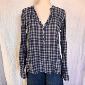 Eddie Bauer Navy, Purple, White Plaid L/S Henley Pullover Cotton Shirt